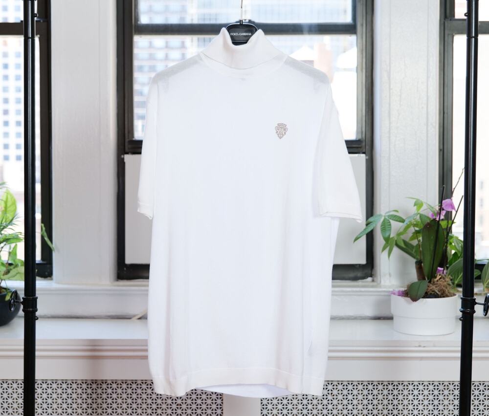 Gucci White Embroidered Crest Short Sleeve Turtleneck Knit T-Shirt (Size: XL)